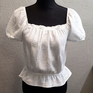 BCX White Cotton Gauze Puff Sleeve Peplum Top